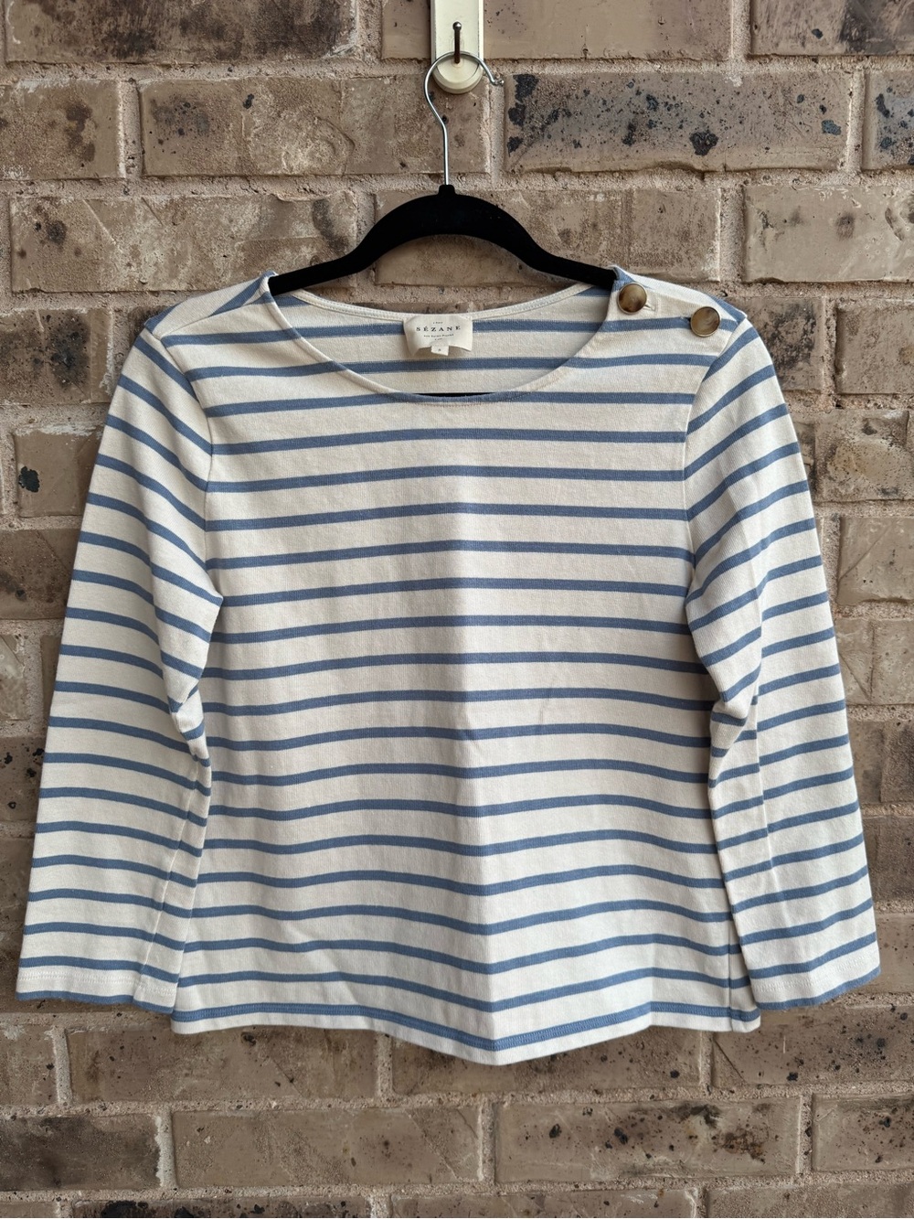 Sezane Colette mariniere blue Ecru Striped Button-Shoulder Top Sz Small - Picture 2 of 10